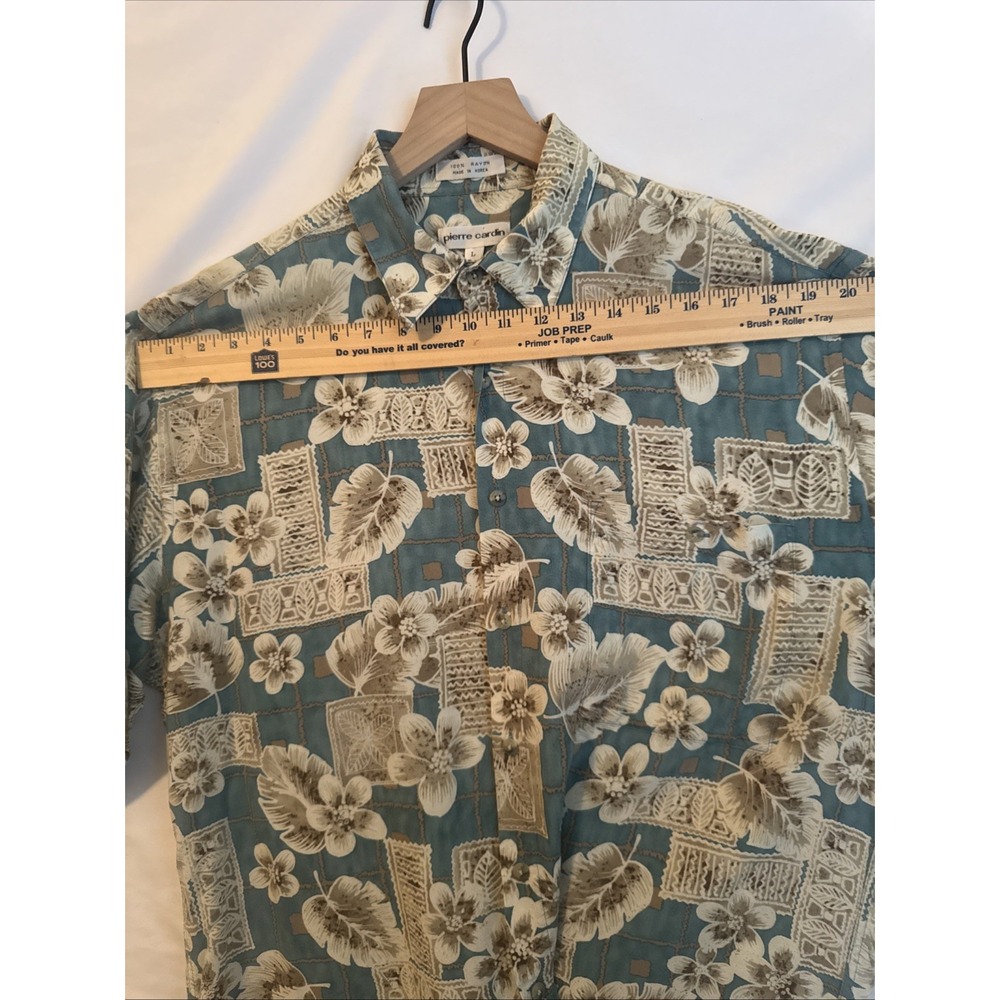 Vintage Pierre Cardin Men's Hawaiian  Button Beige Short Sleeve Pocket Shirt LRG - Picture 9 of 11